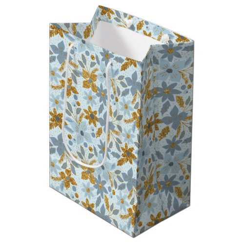 Gold and Pastel Blue Christmas Poinsettia Flowers Medium Gift Bag