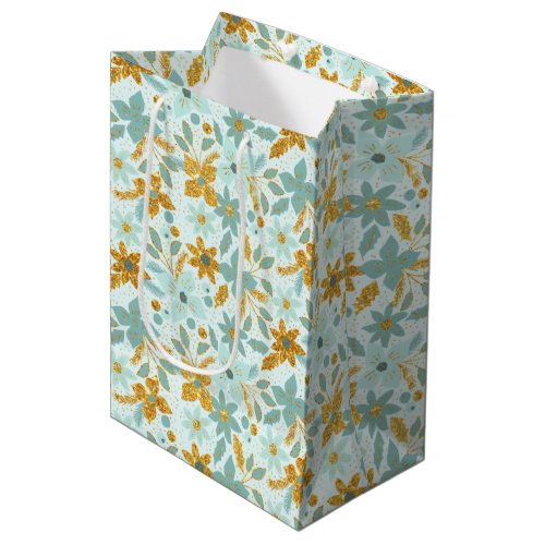 Gold and Pastel Blue Christmas Poinsettia Flowers Medium Gift Bag