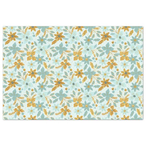 Gold and Pastel Blue Christmas Poinsettia Flowers Tissue Paper