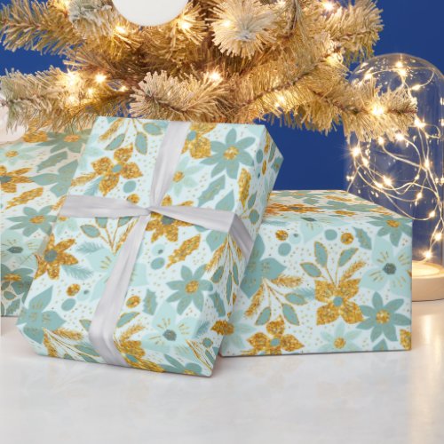 Gold and Pastel Blue Christmas Poinsettia Flowers Wrapping Paper