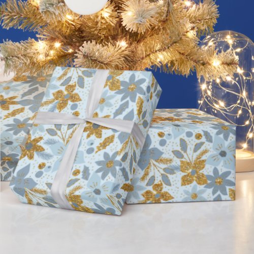 Gold and Pastel Blue Christmas Poinsettia Flowers Wrapping Paper