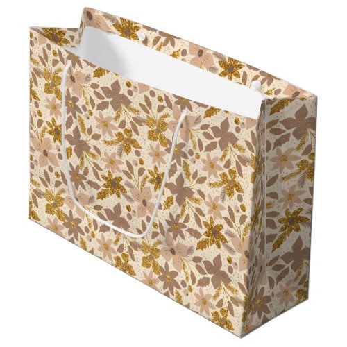 Gold and Pastel Brown Christmas Poinsettia Flowers Large Gift Bag