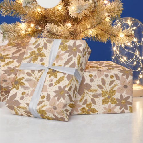 Gold and Pastel Brown Christmas Poinsettia Flowers Wrapping Paper