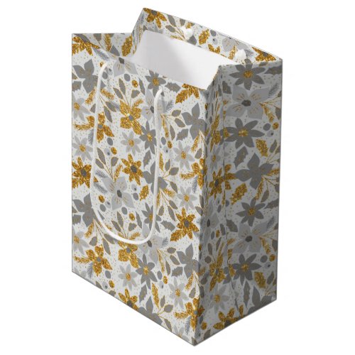 Gold and Pastel Gray Christmas Poinsettia Flowers Medium Gift Bag