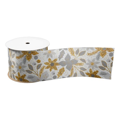 Gold and Pastel Gray Christmas Poinsettia Flowers Satin Ribbon