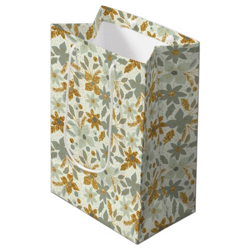 Gold and Pastel Green Christmas Poinsettia Flowers Medium Gift Bag