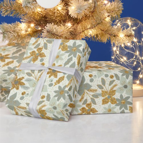 Gold and Pastel Green Christmas Poinsettia Flowers Wrapping Paper