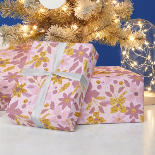 Gold and Pastel Pink Christmas Poinsettia Flowers Wrapping Paper