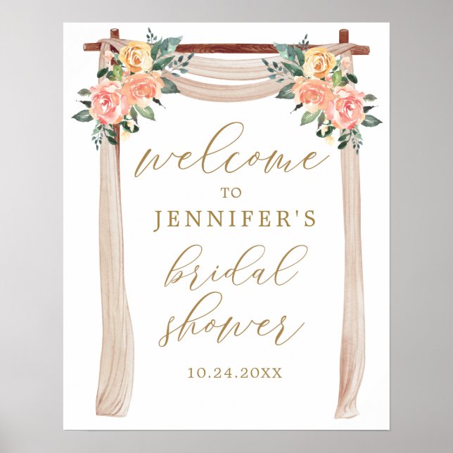 Gold and Peach Floral Bridal Shower Welcome Poster (Front)