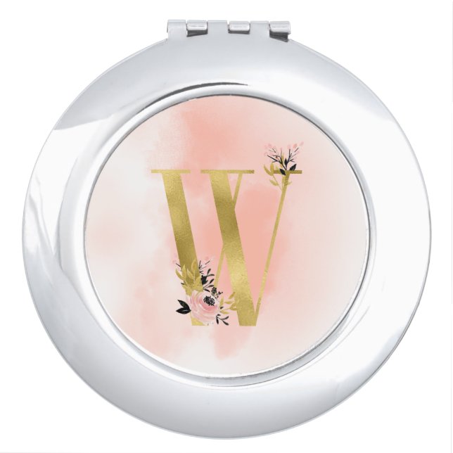 Gold and Peach  Floral Monogrammed compact mirror (Front)