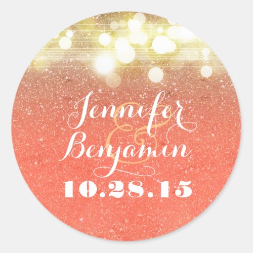 Gold and Peach Glitter String Lights Wedding Classic Round Sticker