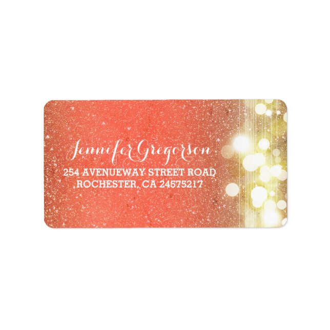 Gold and Peach String Lights Chic Wedding Label (Front)