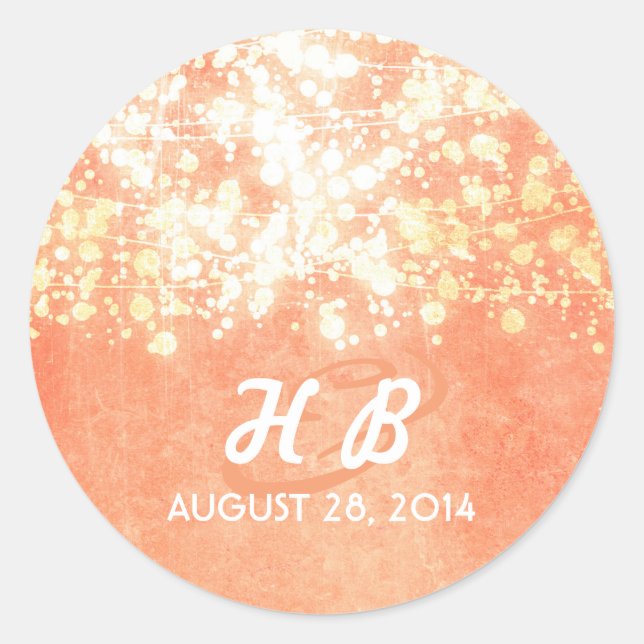 gold and peach string lights rustic wedding classic round sticker (Front)