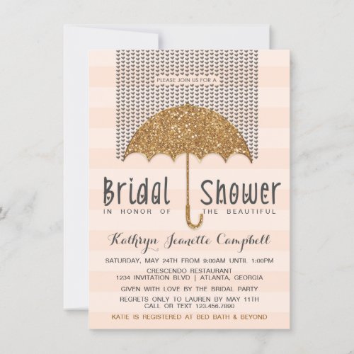Gold and Peach Umbrella &amp; Hearts Bridal Shower Custom Invites