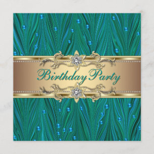 Gold and Peacock Teal Blue Birthday Party Invitation