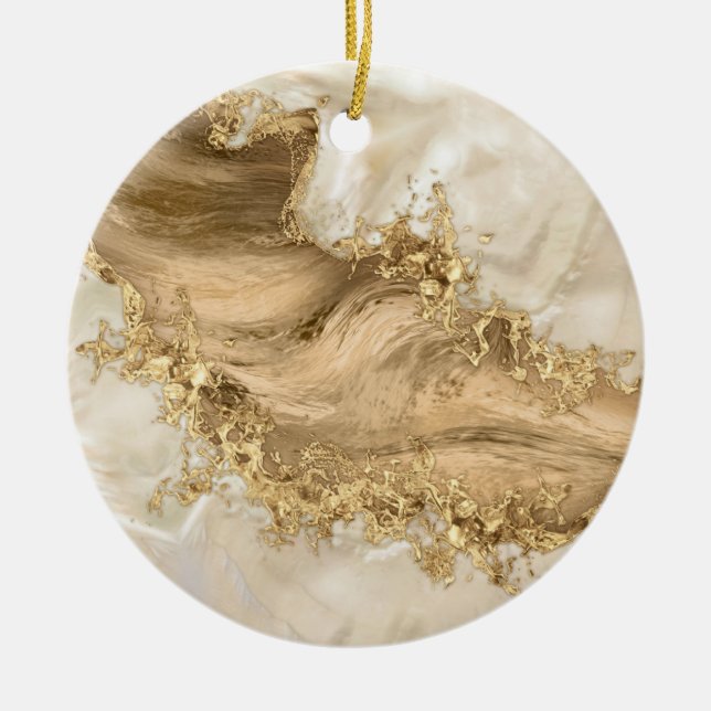 Gold and Pearl - Splatter and flow Ceramic Ornament (Front)