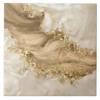 Gold and Pearl - Splatter and flow Ceramic Tile