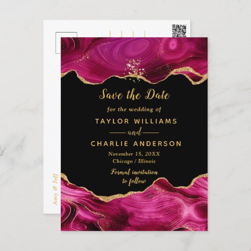 Gold and Pink Agate Wedding Save The Date Postcard