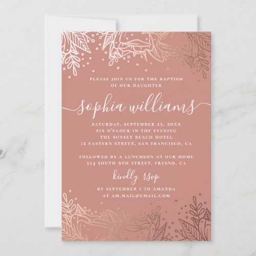 Gold and pink baptism Elegant floral botanical Invitation