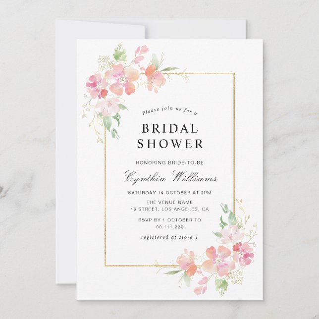 gold and pink blush floral bridal shower invitation (Front)