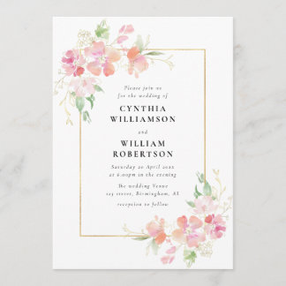 gold and pink botanical flowers wedding invitation