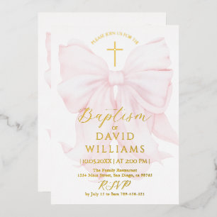 Gold and Pink Bow Boy Baptism Elegant Digital Foil Invitation