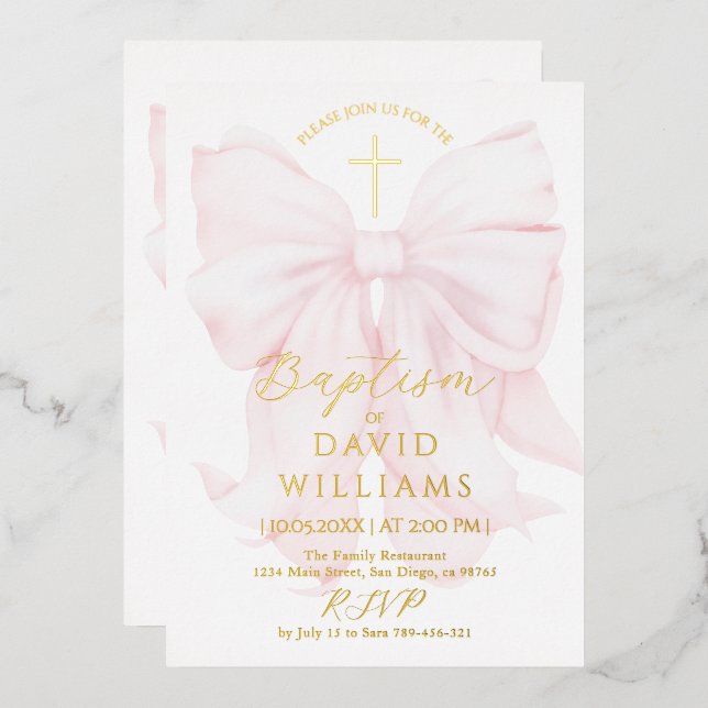 Gold and Pink Bow Boy Baptism Elegant Digital Foil Invitation (Front/Back)