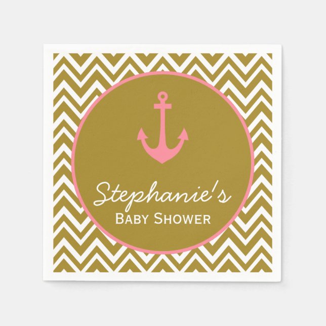 Gold and Pink Chevron Nautical Baby Shower Paper Napkins (Front)