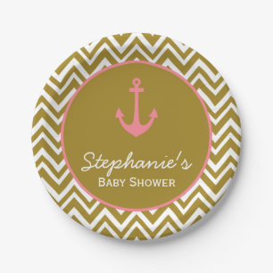 Gold and Pink Chevron Nautical Baby Shower Paper Plates