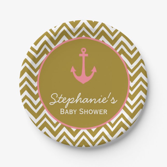 Gold and Pink Chevron Nautical Baby Shower Paper Plates (Front)