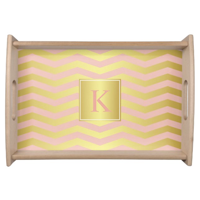 Gold and Pink Chevron Stripes with Monogram Serving Tray (Front)