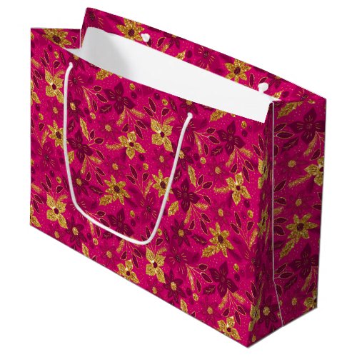 Gold and Pink Christmas Poinsettia Flowers Large Gift Bag