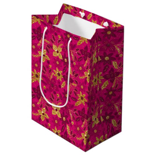Gold and Pink Christmas Poinsettia Flowers Medium Gift Bag