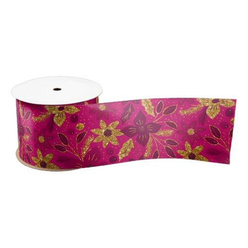 Gold and Pink Christmas Poinsettia Flowers Satin Ribbon