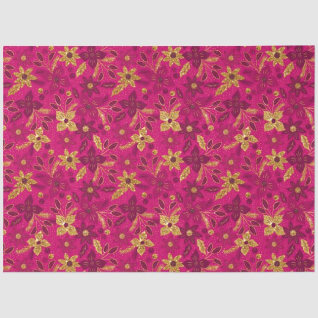 Gold and Pink Christmas Poinsettia Flowers Tissue Paper (Front)