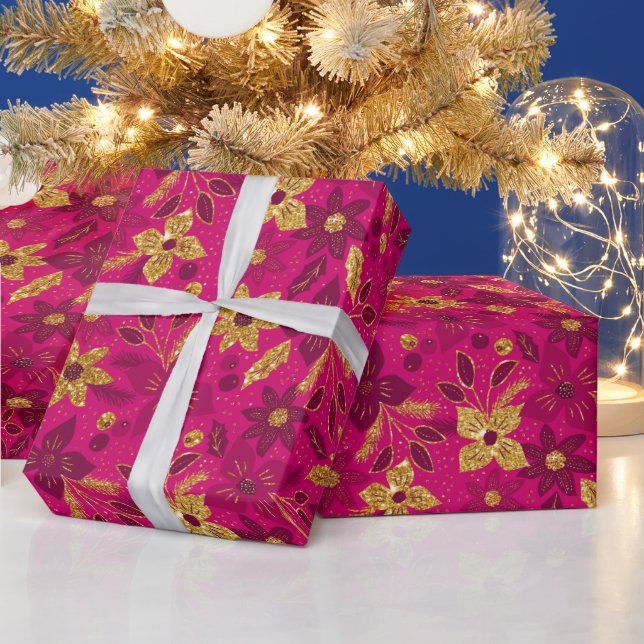 Gold and Pink Christmas Poinsettia Flowers Wrapping Paper (Holidays)