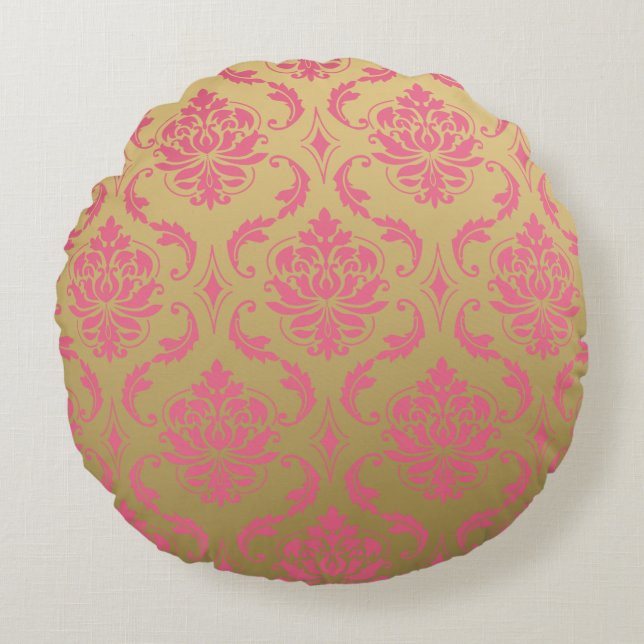 Gold and Pink Classic Damask Round Pillow (Front)