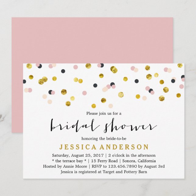 Gold and Pink Confetti Bridal Shower Invitation (Front/Back)