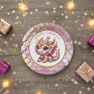 Gold and Pink Dragon Girl's Birthday Paper Plates