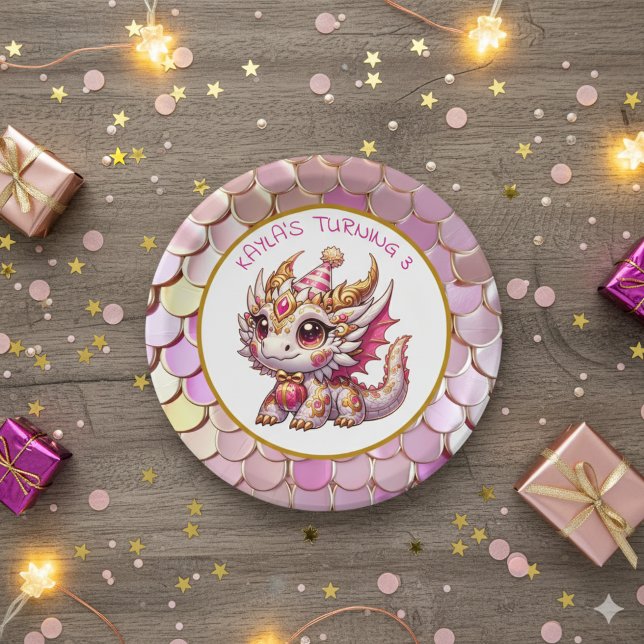 Gold and Pink Dragon Girl's Birthday  Paper Plates (Creator Uploaded)