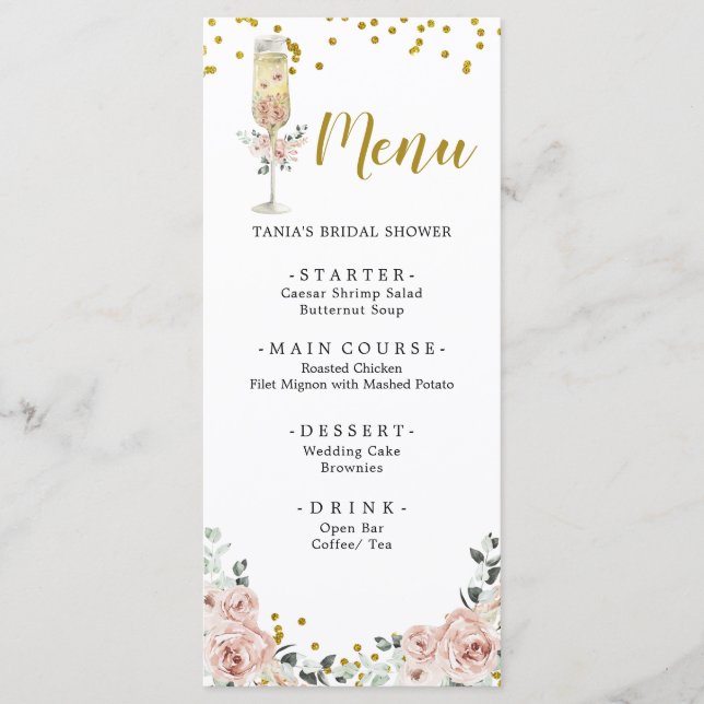 Gold and Pink Dusty Rose Soiree Bridal Shower Menu (Front)