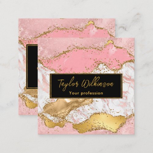 Gold and Pink Faux Glitter Sequins Agate Square Business Card
