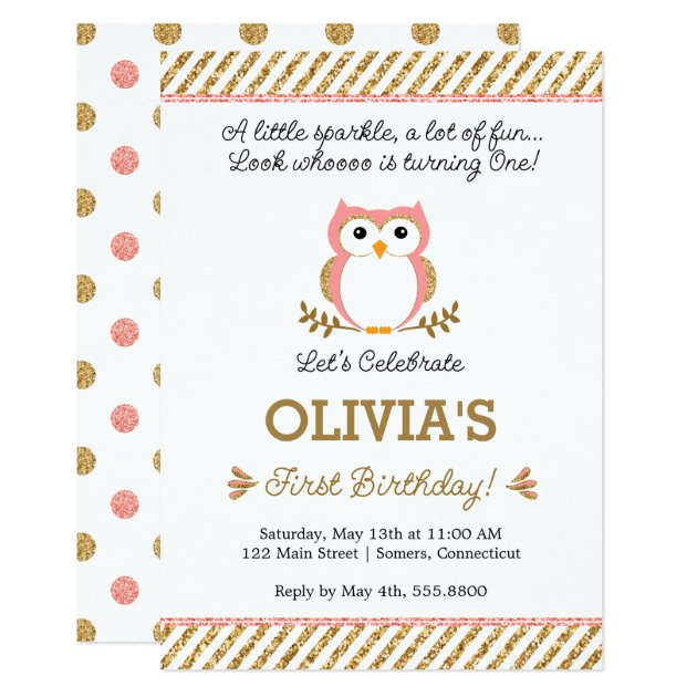 Gold And Pink First Birthday Owl Invitation