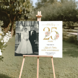Gold and Pink Floral 25th Anniversary Welcome Sign