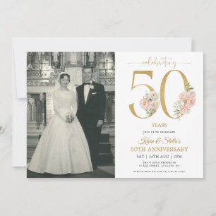 Gold and Pink Floral 50th Anniversary  Invitation