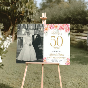 Gold and Pink Floral 50th Anniversary Welcome Sign