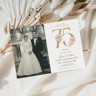 Gold and Pink Floral 75th Anniversary  Invitation