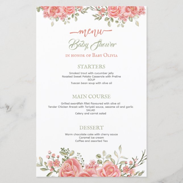 Gold and Pink Floral Bow Baby Shower Menu (Front)