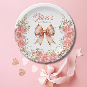 Gold and Pink Floral Bow Baby Shower Paper Plates