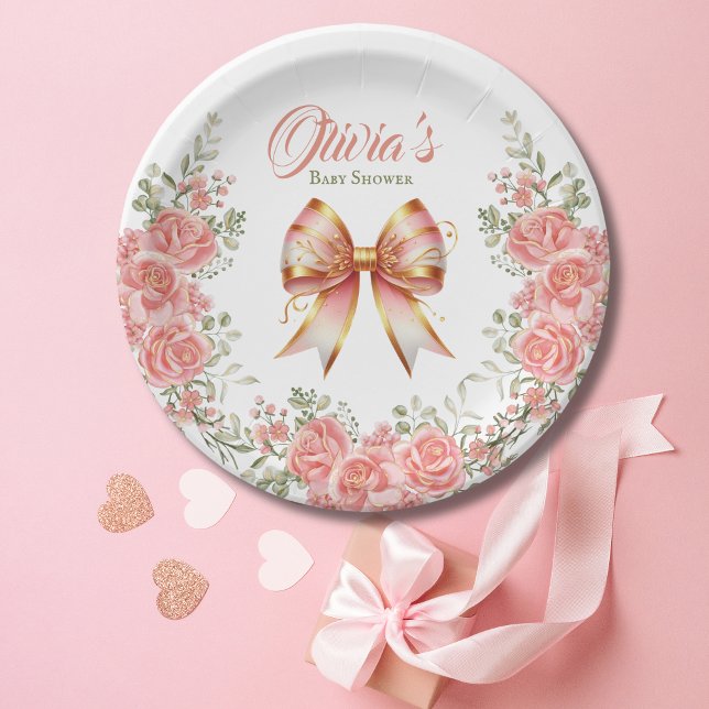 Gold and Pink Floral Bow Baby Shower Paper Plates (Creator Uploaded)